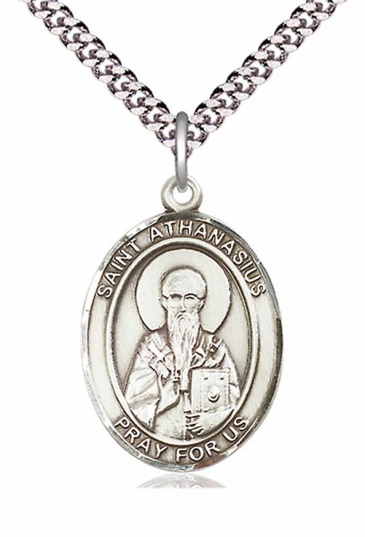 Men's Pewter Oval St. Athanasius Medal - 24" 2.4mm Rhodium Plate Chain + Clasp