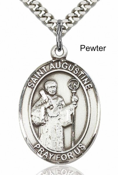 Men's Pewter Oval St. Augustine Medal - 20" Rhodium Plate Chain + Clasp