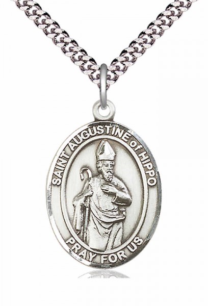 Men's Pewter Oval St. Augustine of Hippo Medal - 20" Rhodium Plate Chain + Clasp