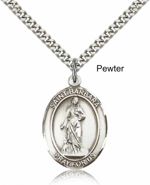 Men's Pewter Oval St. Barbara Medal - 20" Rhodium Plate Chain + Clasp