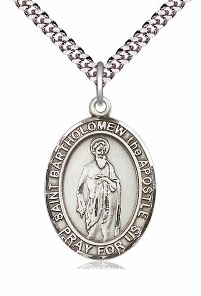 Men's Pewter Oval St. Bartholomew the Apostle Medal - 24" 2.4mm Rhodium Plate Chain + Clasp