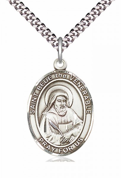 Men's Pewter Oval St. Bede the Venerable Medal - 20" Rhodium Plate Chain + Clasp