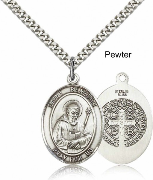 Men's Pewter Oval St. Benedict Medal - 20" Rhodium Plate Chain + Clasp