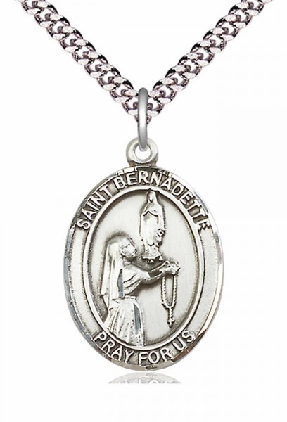 Men's Pewter Oval St. Bernadette Medal - 20" Rhodium Plate Chain + Clasp