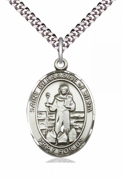 Men's Pewter Oval St. Bernadine of Sienna Medal - 24" 2.4mm Rhodium Plate Chain + Clasp