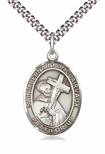 Men's Pewter Oval St. Bernard of Clairvaux Medal - 24" 2.4mm Rhodium Plate Chain + Clasp