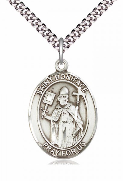 Men's Pewter Oval St. Boniface Medal - 24" 2.4mm Rhodium Plate Chain + Clasp