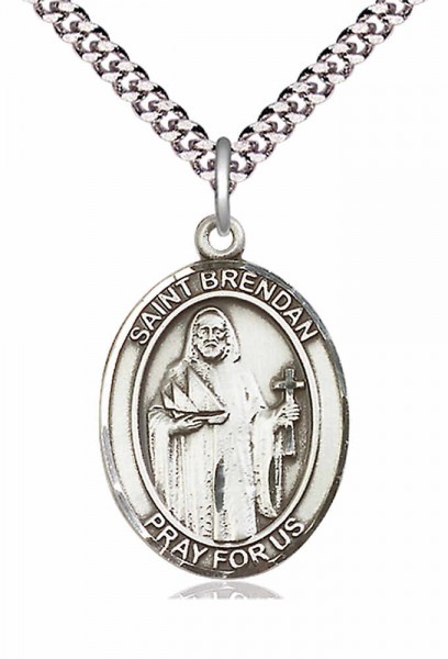 Men's Pewter Oval St. Brendan the Navigator Medal - 24" 2.4mm Rhodium Plate Chain + Clasp