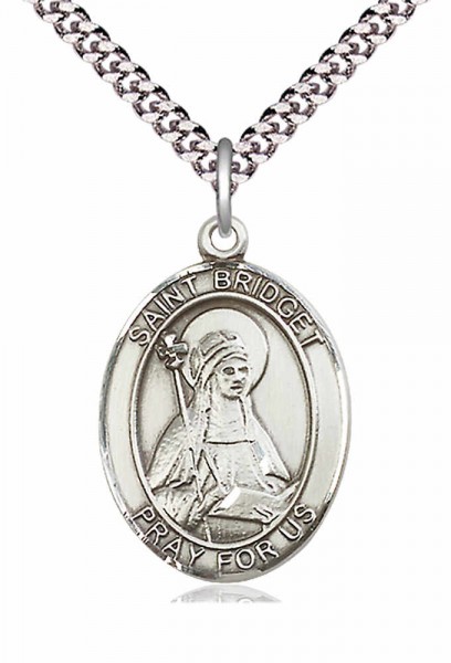 Men's Pewter Oval St. Bridget of Sweden Medal - 20" Rhodium Plate Chain + Clasp