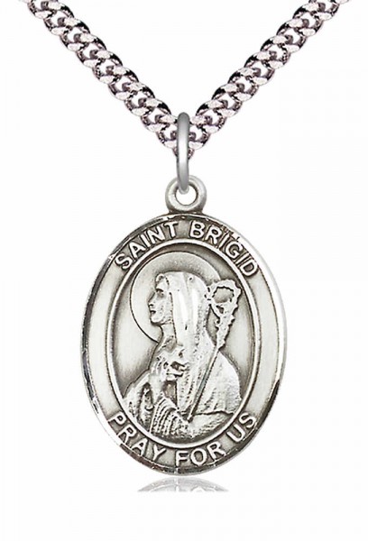 Men's Pewter Oval St. Brigid of Ireland Medal - 24" 2.4mm Rhodium Plate Endless Chain