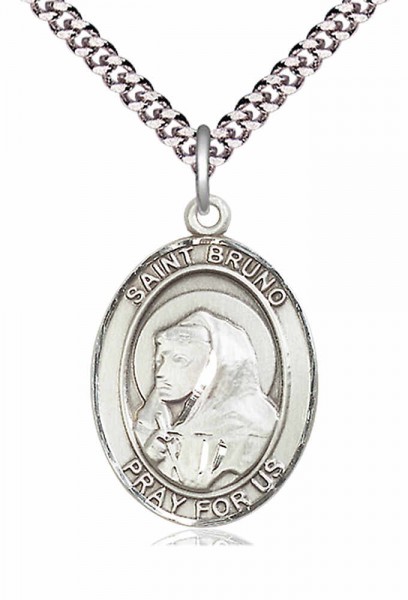 Men's Pewter Oval St. Bruno Medal - 20" Rhodium Plate Chain + Clasp