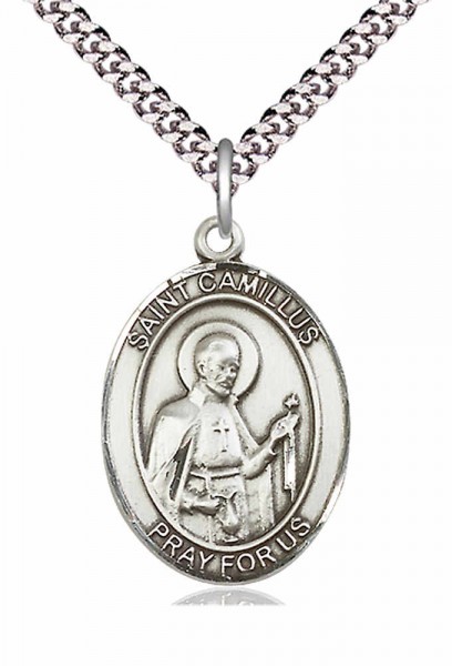 Men's Pewter Oval St. Camillus of Lellis Medal - 24" 2.4mm Rhodium Plate Chain + Clasp