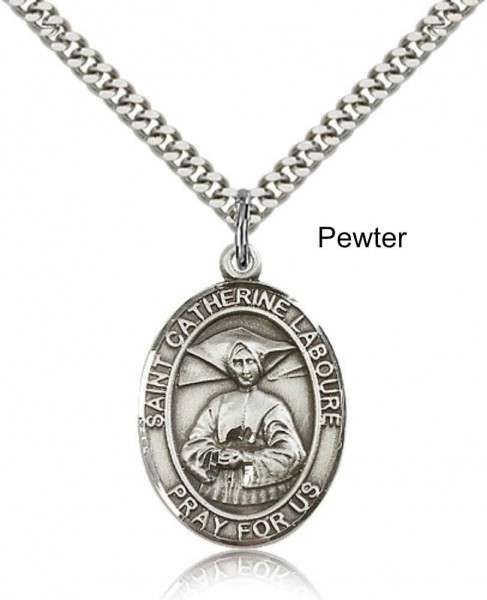 Men's Pewter Oval St. Catherine Laboure Medal - 20" Rhodium Plate Chain + Clasp