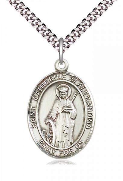 Men's Pewter Oval St. Catherine of Alexandria Medal - 24" 2.4mm Rhodium Plate Chain + Clasp