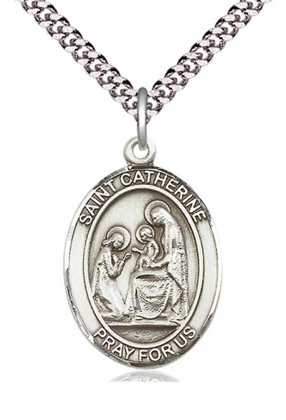 Men's Pewter Oval St. Catherine of Siena Medal - 20" Rhodium Plate Chain + Clasp