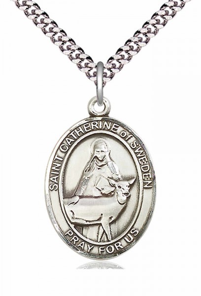 Men's Pewter Oval St. Catherine of Sweden Medal - 20" Rhodium Plate Chain + Clasp