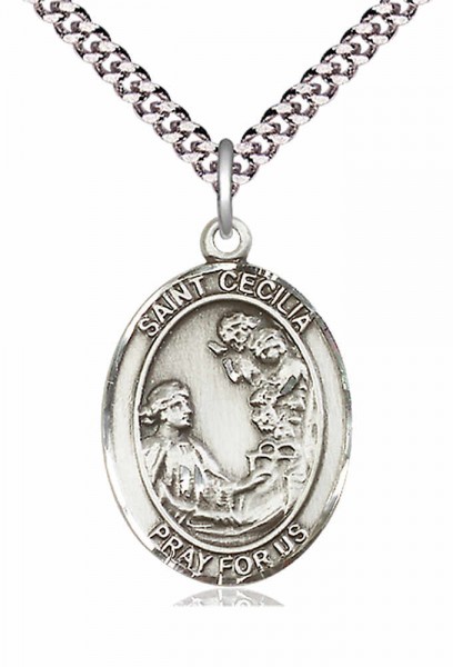 Men's Pewter Oval St. Cecilia Medal - 20" Rhodium Plate Chain + Clasp