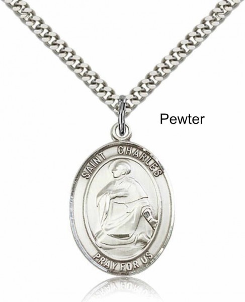 Men's Pewter Oval St. Charles Borromeo Medal - 24" 2.4mm Rhodium Plate Endless Chain