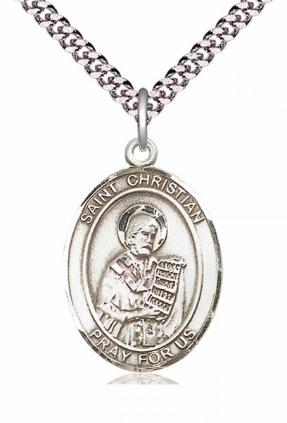 Men's Pewter Oval St. Christian Demosthenes Medal - 24" 2.4mm Rhodium Plate Endless Chain