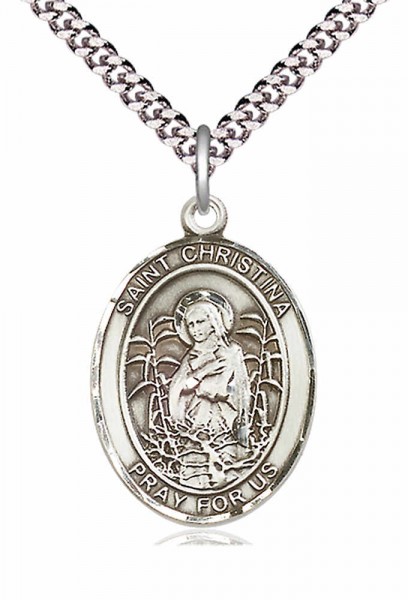 Men's Pewter Oval St. Christina the Astonishing Medal - 24" 2.4mm Rhodium Plate Chain + Clasp