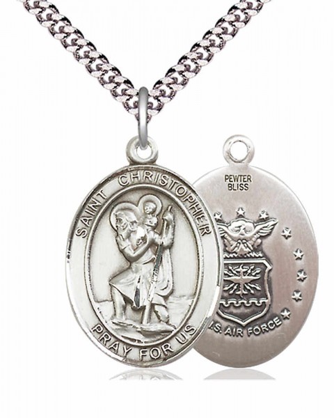 Men's Pewter Oval St. Christopher Air Force Medal - 24" 2.4mm Rhodium Plate Endless Chain
