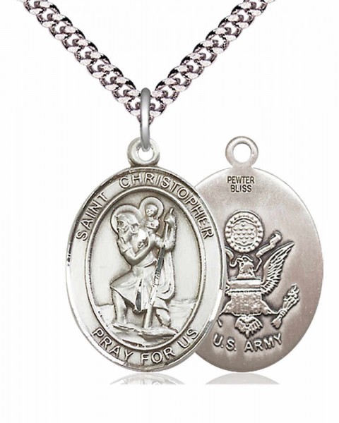 Men's Pewter Oval St. Christopher Army Medal - 24" 2.4mm Rhodium Plate Chain + Clasp