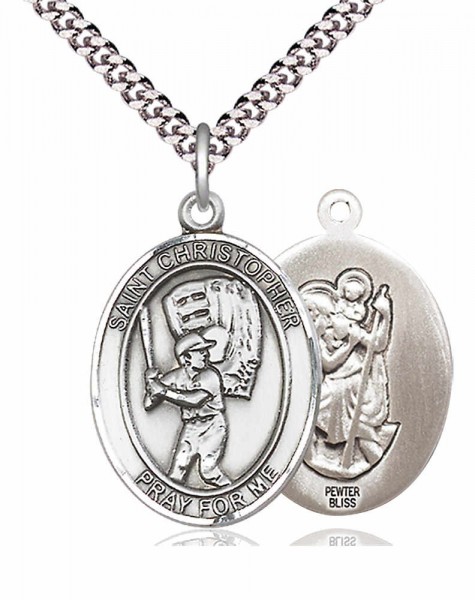 Men's Pewter Oval St. Christopher Baseball Medal - 24" 2.4mm Rhodium Plate Chain + Clasp