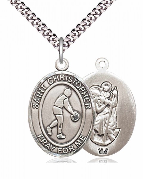 Men's Pewter Oval St. Christopher Basketball Medal - 24" 2.4mm Rhodium Plate Chain + Clasp