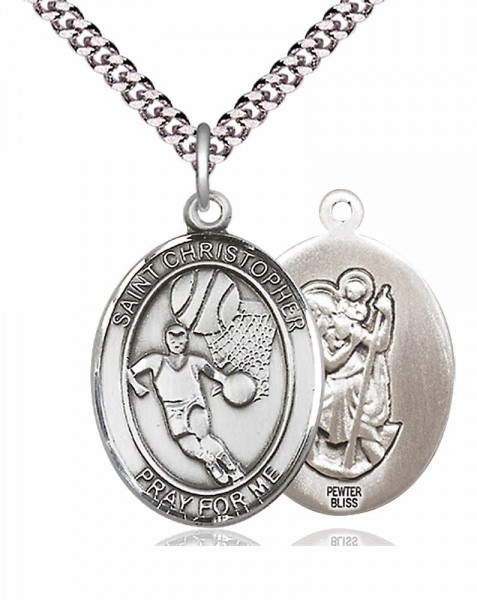Men's Pewter Oval St. Christopher Basketball Medal - 24" 2.4mm Rhodium Plate Chain + Clasp