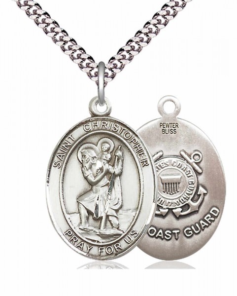 Men's Pewter Oval St. Christopher Coast Guard Medal - 24" 2.4mm Rhodium Plate Chain + Clasp