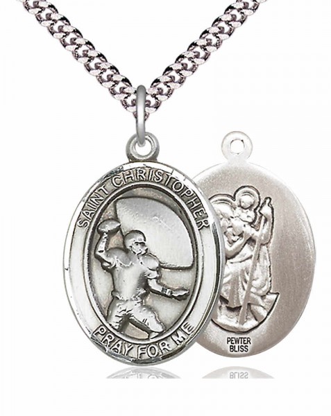 Men's Pewter Oval St. Christopher Football Medal - 24" 2.4mm Rhodium Plate Endless Chain