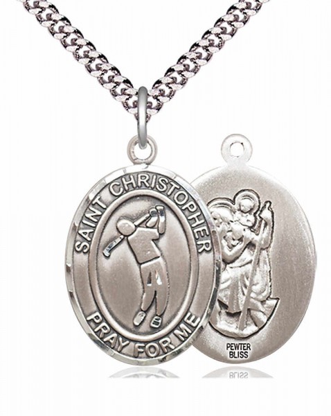 Men's Pewter Oval St. Christopher Golf Medal - 20" Rhodium Plate Chain + Clasp