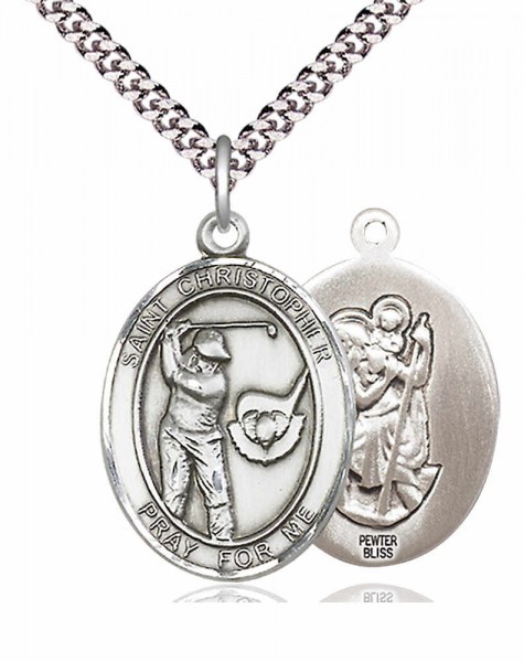 Men's Pewter Oval St. Christopher Golf Medal - 24" 2.4mm Rhodium Plate Chain + Clasp