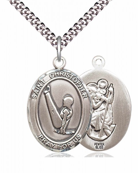 Men's Pewter Oval St. Christopher Gymnastics Medal - 20" Rhodium Plate Chain + Clasp