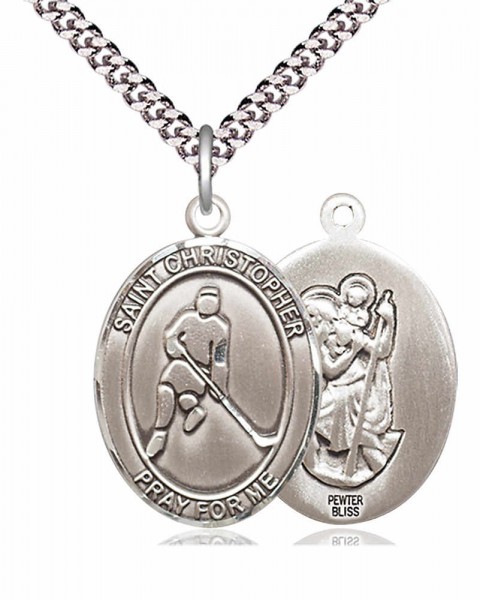 Men's Pewter Oval St. Christopher Ice Hockey Medal - 24" 2.4mm Rhodium Plate Endless Chain