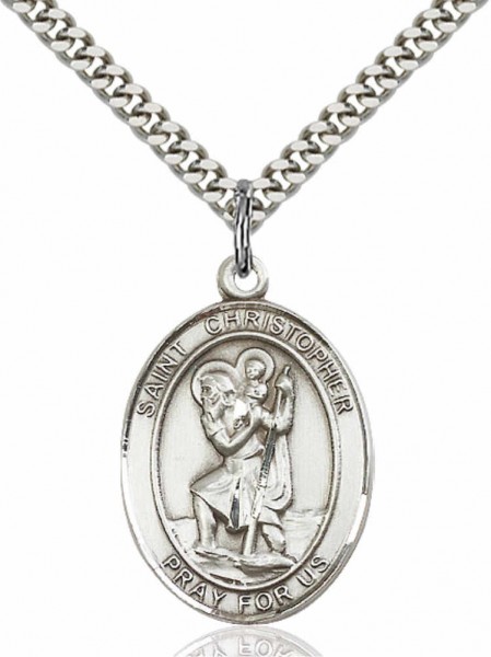 Men's Pewter Oval St. Christopher Medal - 24" 2.4mm Rhodium Plate Endless Chain