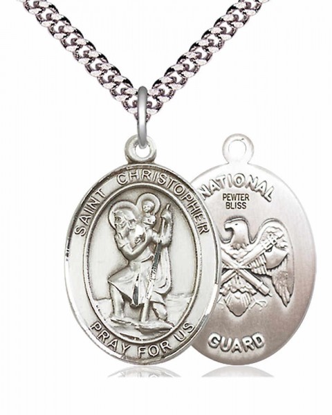 Men's Pewter Oval St. Christopher National Guard Medal - 24" 2.4mm Rhodium Plate Chain + Clasp