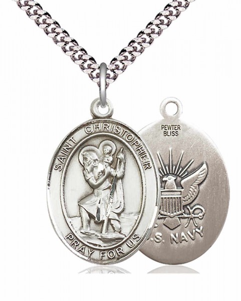 Men's Pewter Oval St. Christopher Navy Medal - 24" 2.4mm Rhodium Plate Endless Chain