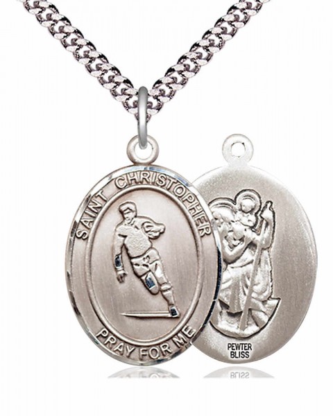 Men's Pewter Oval St. Christopher Rugby Medal - 24" 2.4mm Rhodium Plate Chain + Clasp