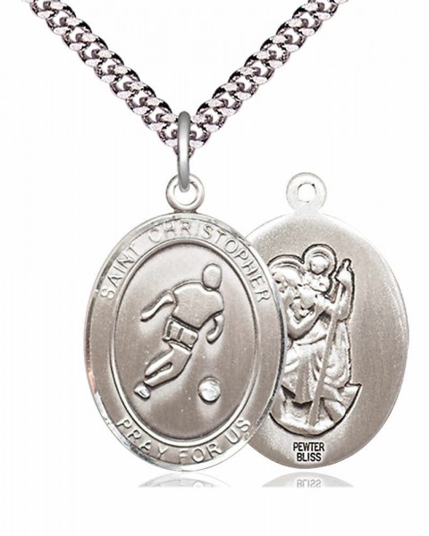 Men's Pewter Oval St. Christopher Soccer Medal - 20" Rhodium Plate Chain + Clasp