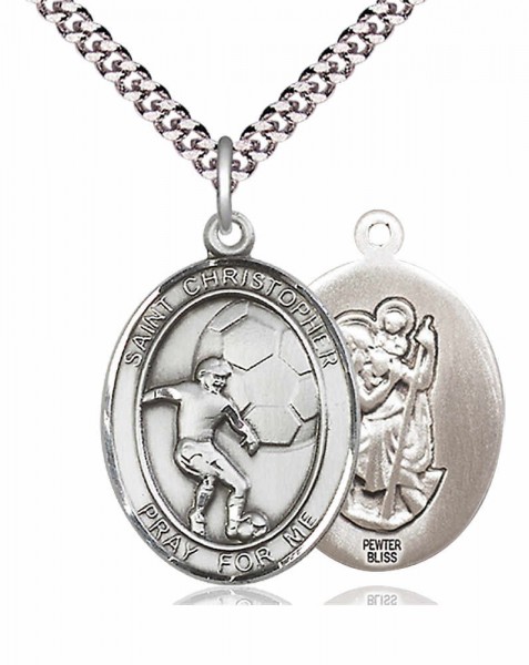 Men's Pewter Oval St. Christopher Soccer Medal - 24" 2.4mm Rhodium Plate Chain + Clasp