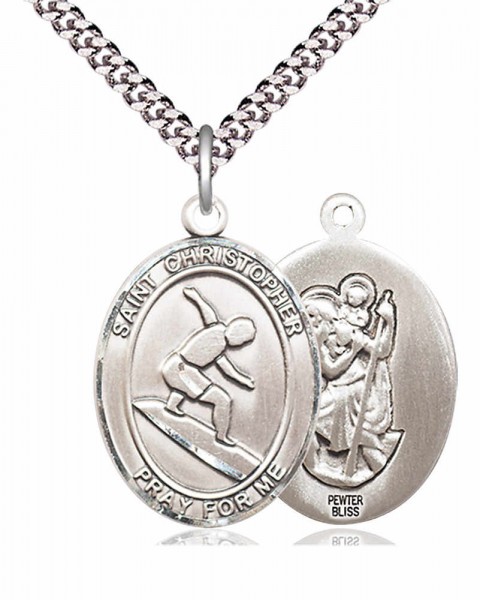Men's Pewter Oval St. Christopher Surfing Medal - 24" 2.4mm Rhodium Plate Endless Chain
