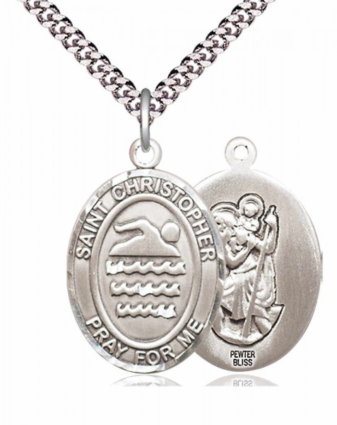 Men's Pewter Oval St. Christopher Swimming Medal - 20" Rhodium Plate Chain + Clasp