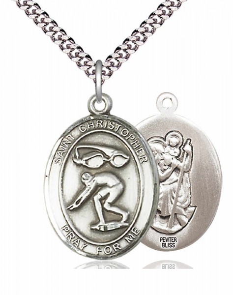 Men's Pewter Oval St. Christopher Swimming Medal - 20" Rhodium Plate Chain + Clasp
