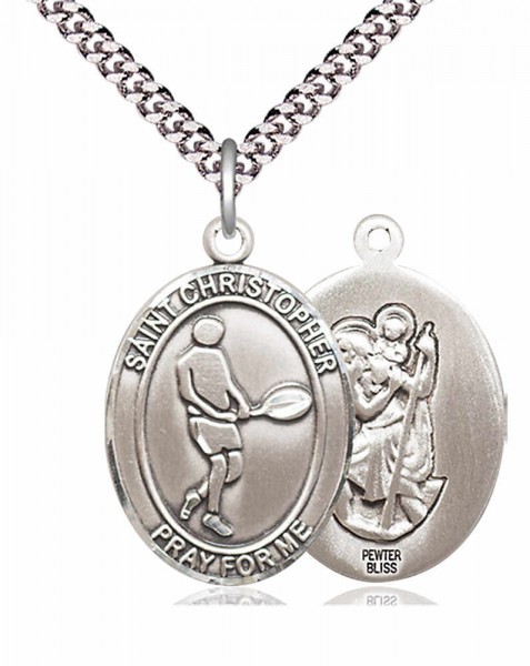 Men's Pewter Oval St. Christopher Tennis Medal - 20" Rhodium Plate Chain + Clasp