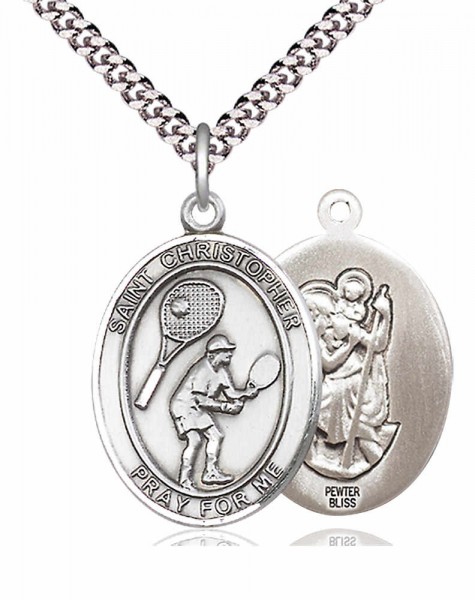 Men's Pewter Oval St. Christopher Tennis Medal - 20" Rhodium Plate Chain + Clasp