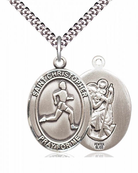 Men's Pewter Oval St. Christopher Track and Field Medal - 24" 2.4mm Rhodium Plate Endless Chain