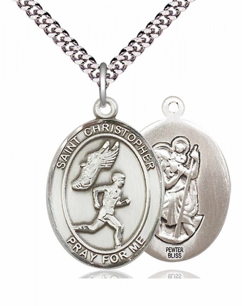 Men's Pewter Oval St. Christopher Track and Field Medal - 24" 2.4mm Rhodium Plate Endless Chain