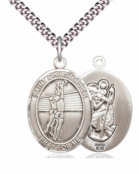 Men's Pewter Oval St. Christopher Volleyball Medal - 20" Rhodium Plate Chain + Clasp