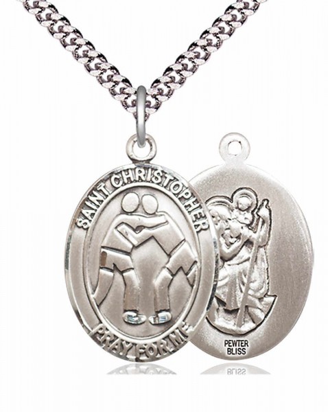 Men's Pewter Oval St. Christopher Wrestling Medal - 20" Rhodium Plate Chain + Clasp
